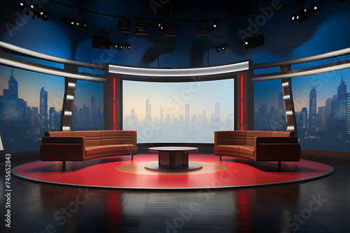 3D rendering of a TV studio with blue screen and spotlights