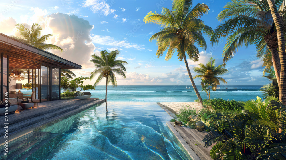 Fototapeta premium serene beauty of a seaside villa, where azure waves