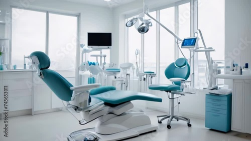 Dentist office white interior with medical equipment, blue tone photo