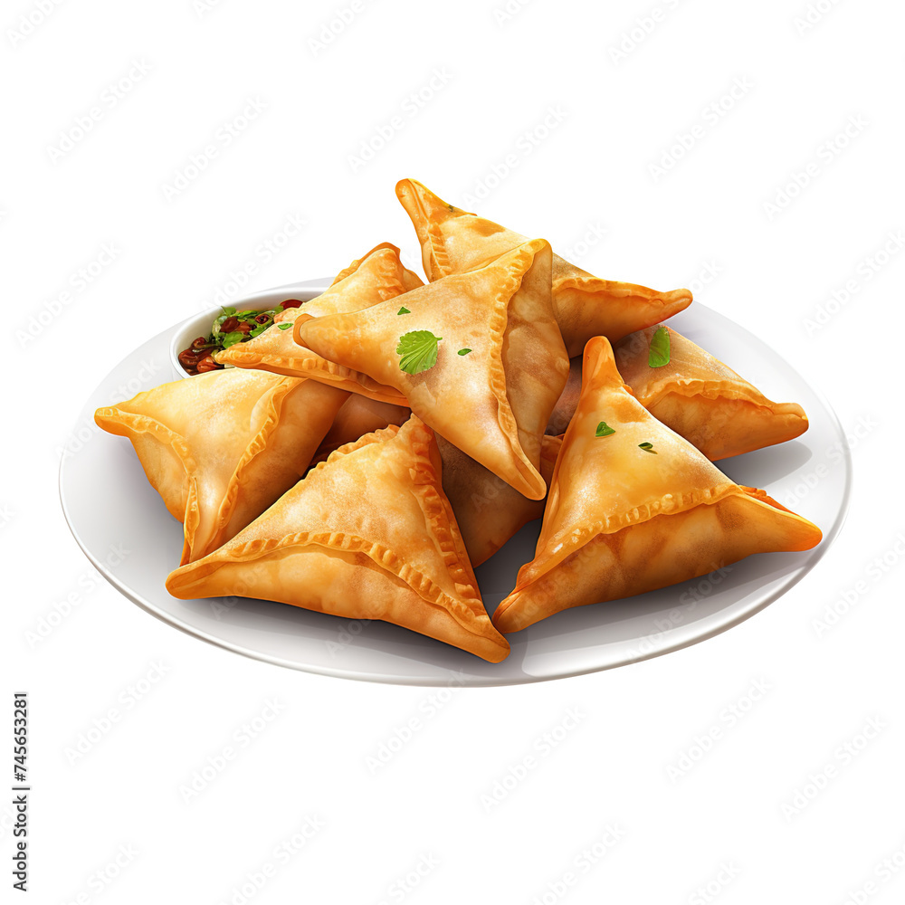 Samosas On White Plate. isolated on transparent background Remove png, Clipping Path, pen tool Samosas On White Plate. isolated on transparent background Remove png, Clipping Path, pen tool