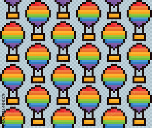 Seamless background with pixel hot air balloon.