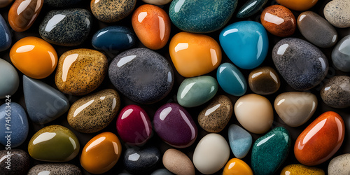 Multicolored small stones, wet pebbles on the seashore, natural background photo
