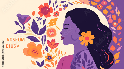 Illustration of a beautiful woman with long hair and floral decorations and text 8 March. International Women s Day greeting card  poster  brochure design. 
