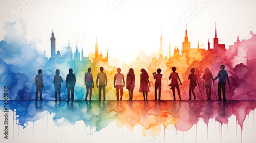Multicolored spectrum silhouettes of people, watercolor, stains, splashes, colored, paint, background, art, wallpaper, print, poster, wall, painting, interior, generative AI