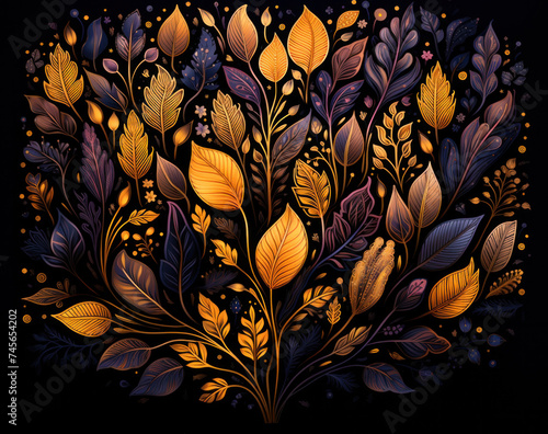 A pattern of blue and yellow leaves on a black background  generative AI      