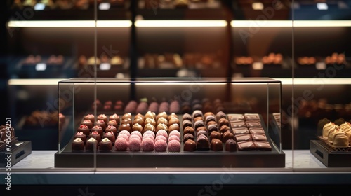 variety of delicious chocolate candies on a glass display case in confectionery boutique, banner, poster