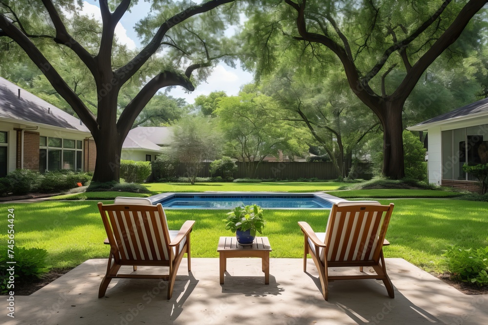 relaxing outdoor scene. lawn chairs overlooking serene backyard and inviting swimming pool