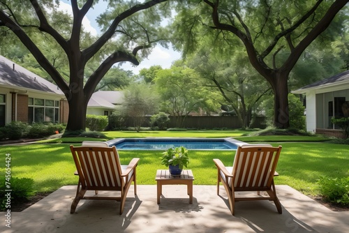 relaxing outdoor scene. lawn chairs overlooking serene backyard and inviting swimming pool © Aliaksandra