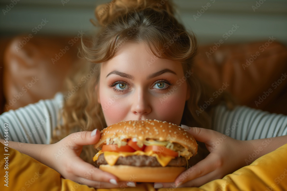 Adult obese overweight fat woman eating unhealthy fast food, burger. Obesity. Extra calories