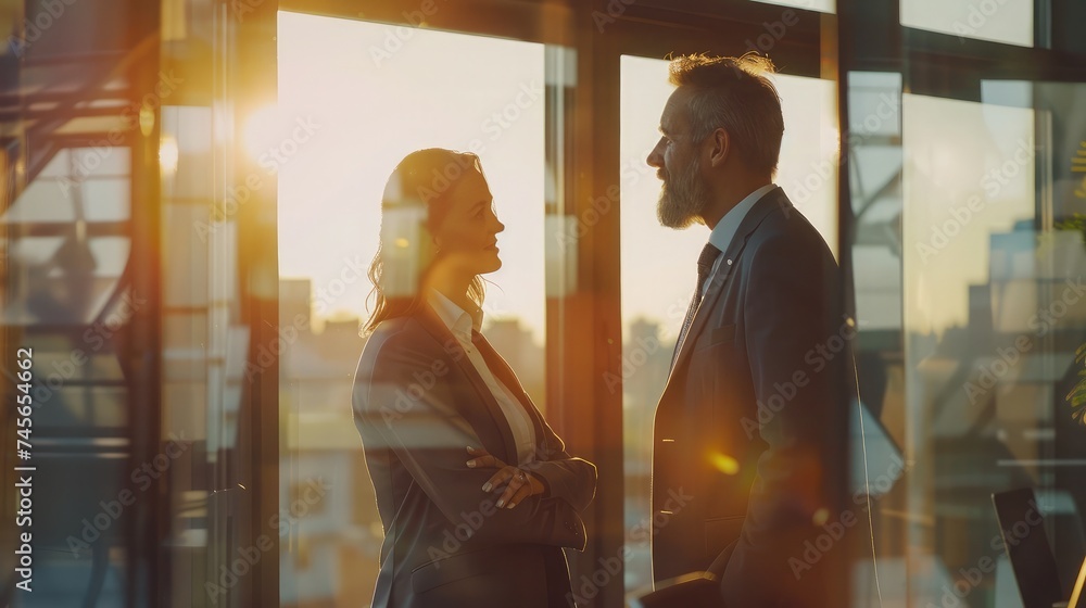 Adult smart diverse Caucasian businesspeople wearing formal suit, working beside window, meeting, discussing, talking project marketing plan of solar cell rooftop service with sun light in office
