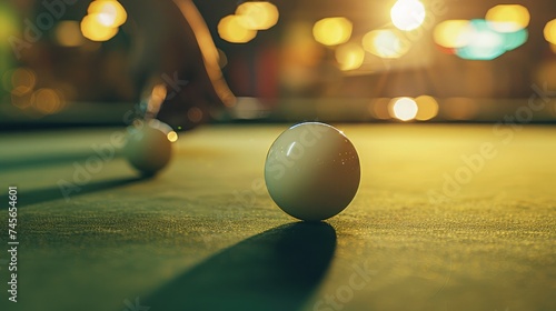 A close up of the white cue ball on a snooker table during play and a hand with the snooker cue stick about to take a shot photo