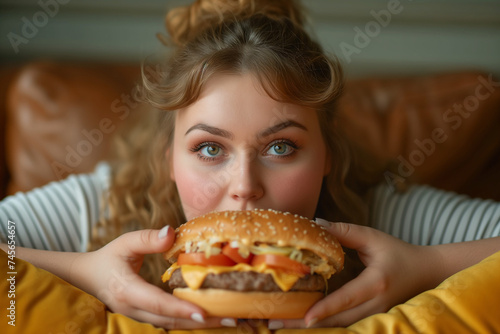 Adult obese overweight fat woman eating unhealthy fast food  burger. Obesity. Extra calories