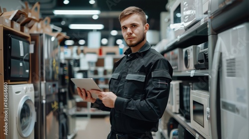 A young successful sales assistant in uniform with a tablet in his hands against the background of the interior of the hall in a home appliances and electronics store.