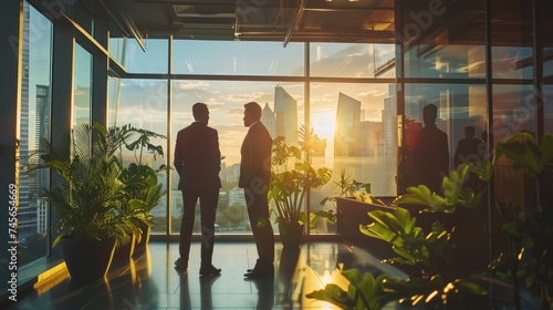 Adult smart diverse Caucasian businesspeople wearing formal suit, working beside window, meeting, discussing, talking project marketing plan of solar cell rooftop service with sun light in office photo