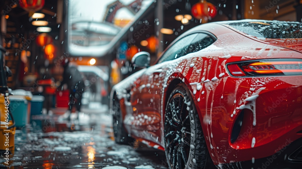 a red sports car is parked in the rain on a wet street a red sports car is parked in the rain on a wet street