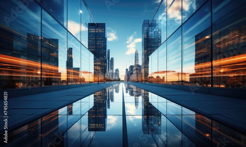 reflection of modern glass skyscrapers, modern office and finance, business backround