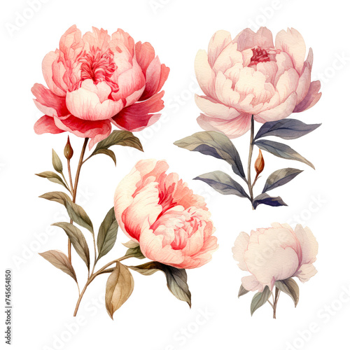 Watercolor flowers of Peony flower isolated on white background.