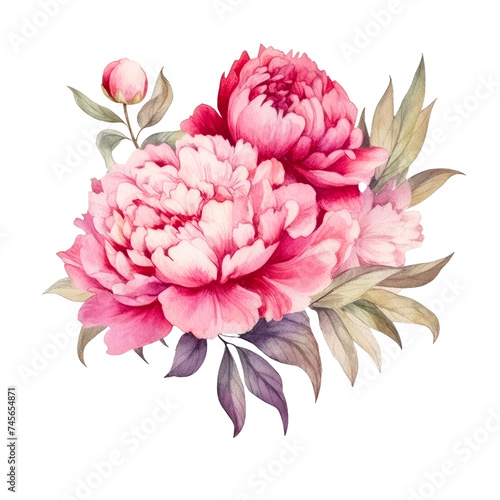 Watercolor flowers of  Peony flower isolated on white background.