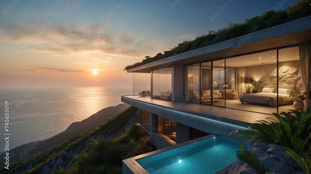 House Overlooking the Ocean at Sunset