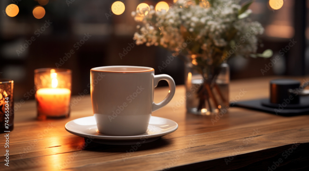 The white cup with a saucer, a vase with flowers, and a burning candle are on the wooden table, generative AI
The white cup with a saucer, a vase with flowers, and a burning candle are on the wooden table, generative AI
