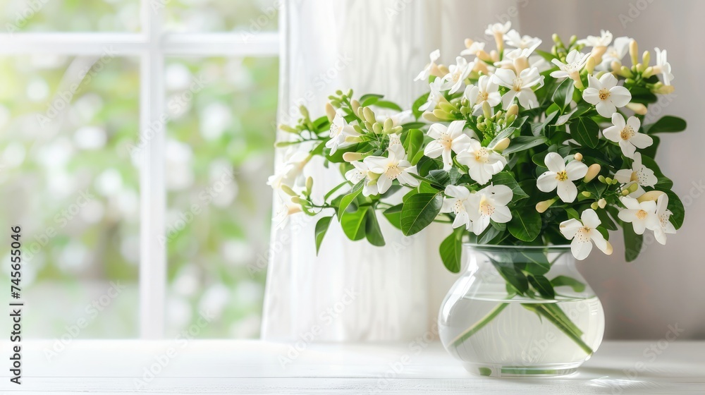Beautiful bouquet with fresh jasmine flowers in vase on white table indoors, space for text