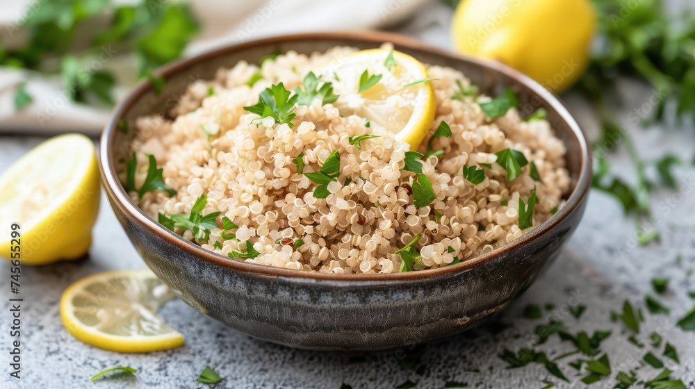 Brown rice and quinoa in a serving bowl garnished with lemon slices and parsley. Brown rice and quinoa in a serving bowl garnished with lemon slices and parsley.