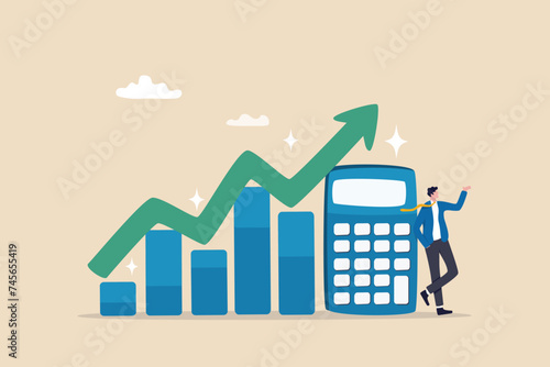 Calculate revenue growth, growing income or investment earning, tax, accounting or profit calculation, financial evaluation concept, businessman with calculator and growth chart diagram growing arrow.