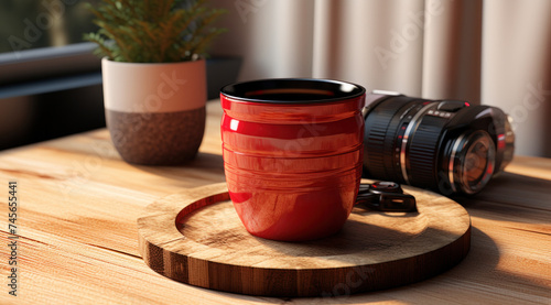 A red ceramic cup on a wooden stand is on the table, generative AI




