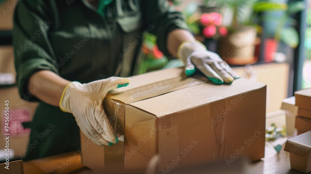Closeup view of female online store small business owner seller entrepreneur packing package post shipping box preparing delivery parcel on table. Ecommerce dropshipping shipment service concept. Closeup view of female online store small business owner seller entrepreneur packing package post shipping box preparing delivery parcel on table. Ecommerce dropshipping shipment service concept.
