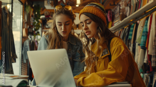 Clothing store owners having a discussion while preparing online orders for shipping. Two young women using a laptop together in a thrift store. Female entrepreneurs running an e-commerce