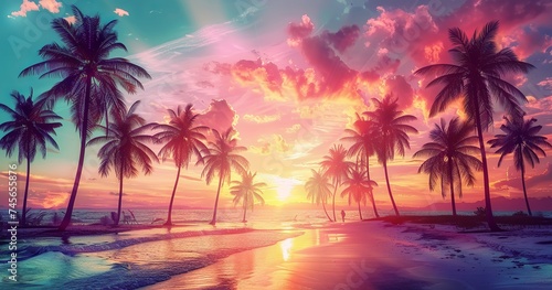 Silhouetted Palm Trees on a Sunset Beach with a Touch of Modern Vintage Tones. Made with Generative AI Technology
