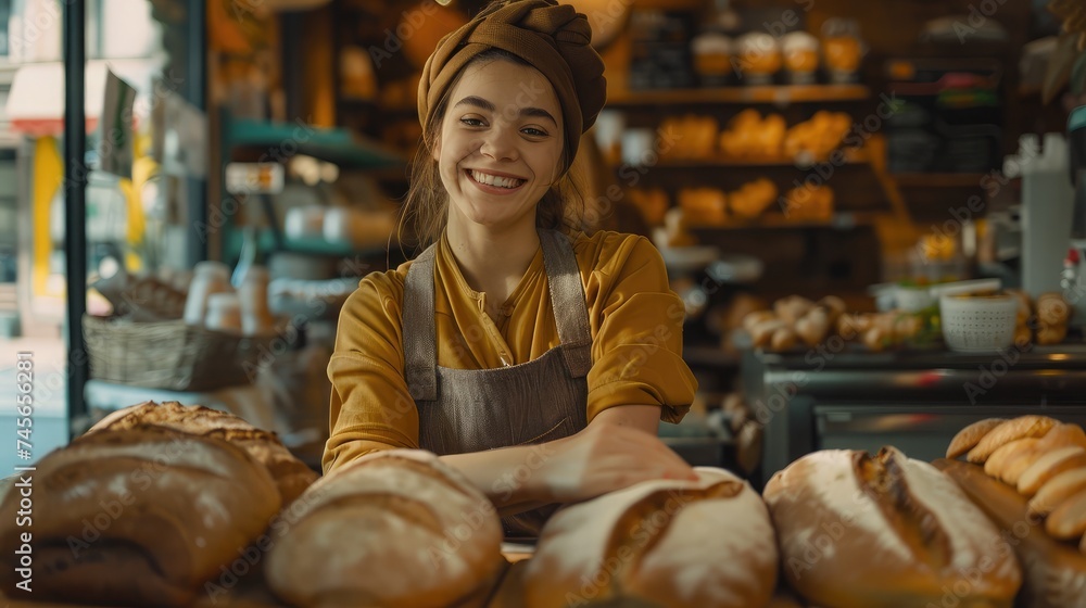 Friendly smiling saleswoman in bakery passing bread over counter desk