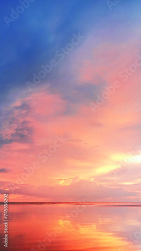 Sea sunset, ocean sunrise, tropical island beach nature landscape, soft red pink clouds, blue sky, golden sun glow reflection on water, beautiful quiet dawn seascape, summer holidays, vacation, travel © Vera NewSib