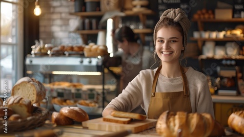 Friendly smiling saleswoman in bakery passing bread over counter desk