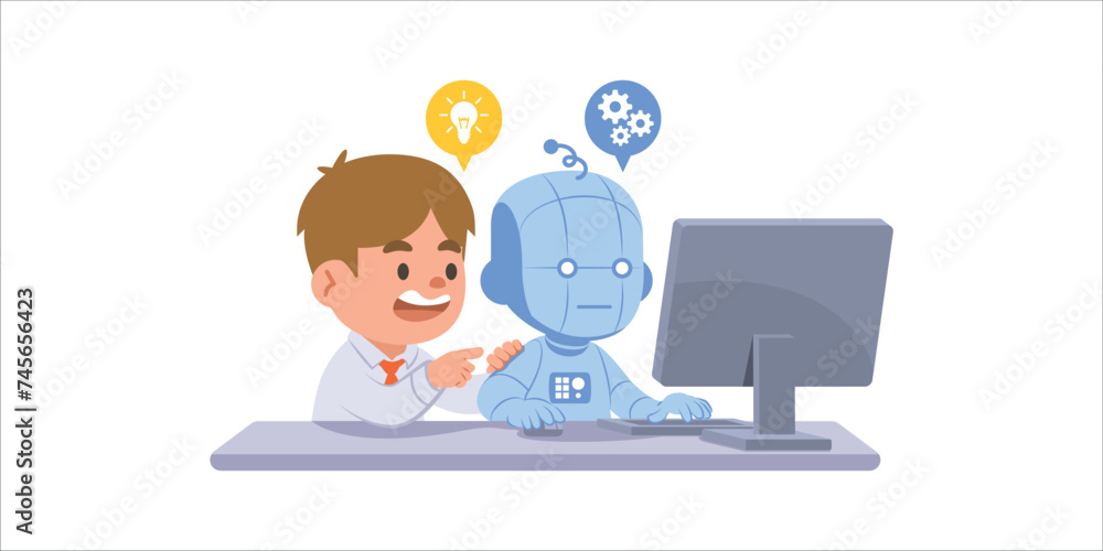 Human working with AI Robot with computer. illustration vector cartoon character design on white background. Medical concept. Human working with AI Robot with computer. illustration vector cartoon character design on white background. Medical concept.
