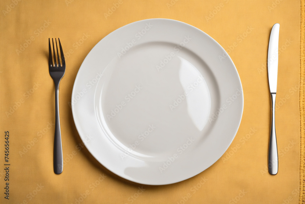 Top view on colored background empty round white plate on tablecloth for food Top view on colored background empty round white plate on tablecloth for food