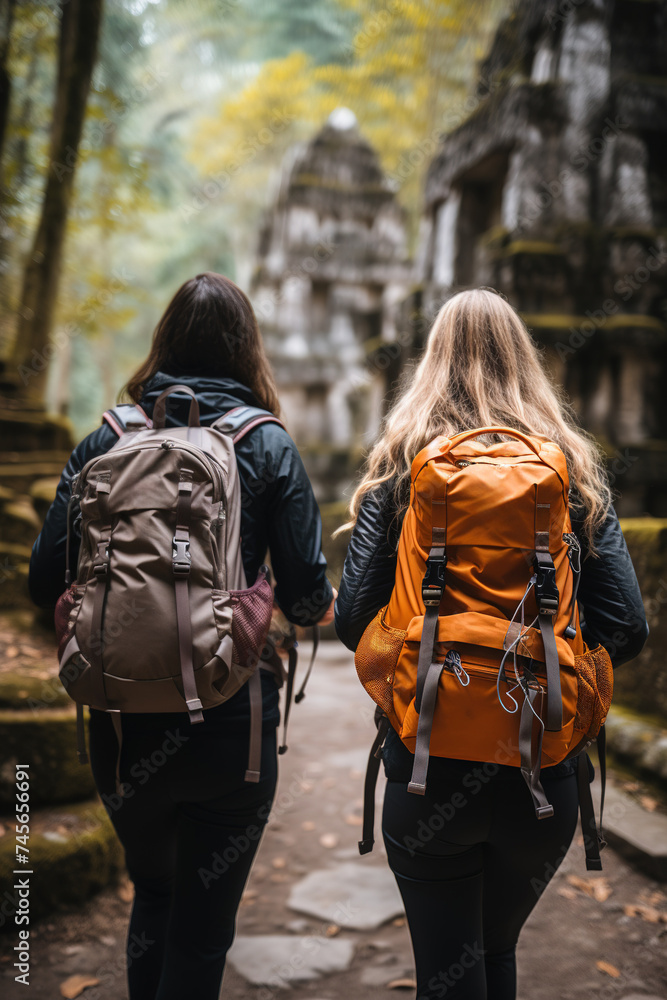 Backs of two female travellers with backpacks walking towards a mystical ancient temple surrounded by a dense forest. - obrazy, fototapety, plakaty 