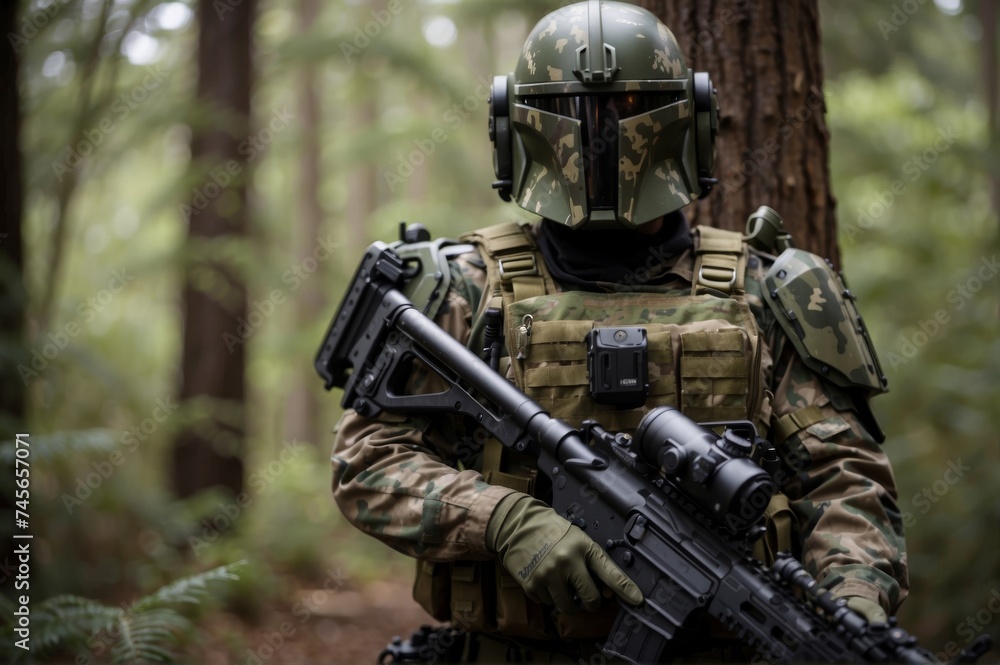 Man in Camouflage Holding Rifle in Woods