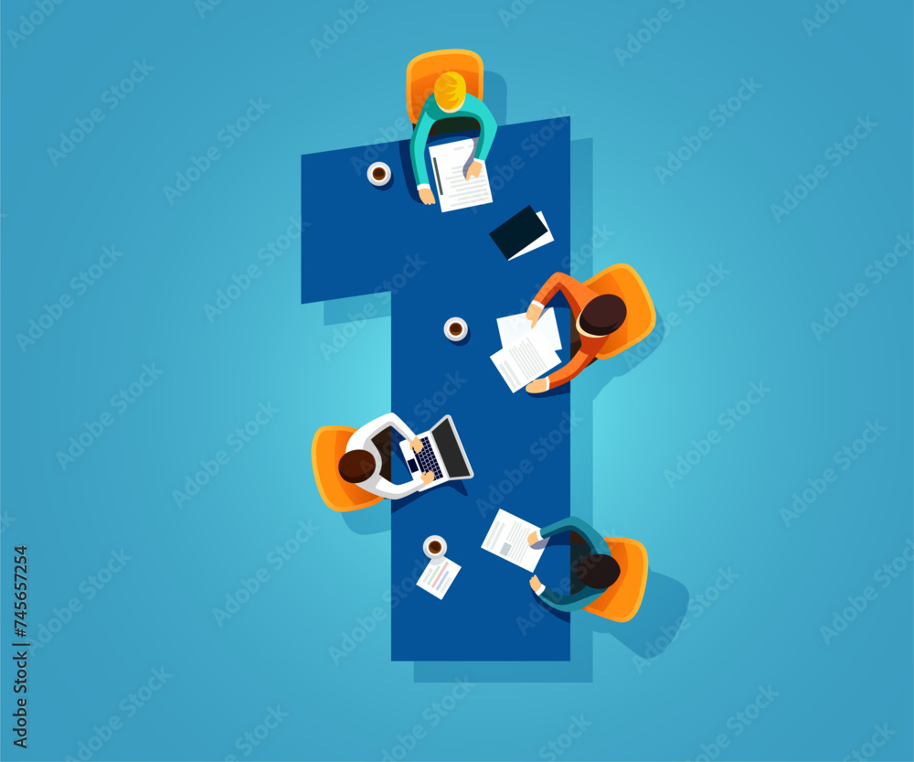 Number 1. Team works together at a table in the shape of the number one. Creative font. Number 1. Team works together at a table in the shape of the number one. Creative font.