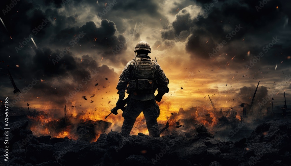 Soldier in a dark and dramatic scene Soldier in a dark and dramatic scene