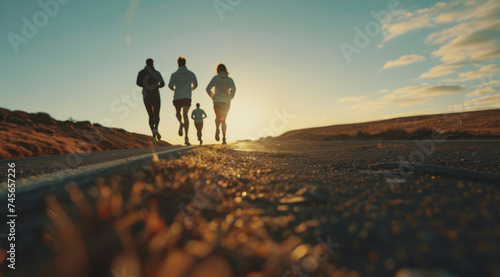 Group, running and athlete exercise on an open road for marathon competition, training or jogging workout together. Low angle, sunrise and sport shoes mockup for challenge, activity or team support