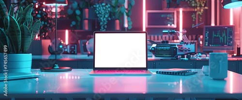 digital tech business laptop set up with light & blue background mockup photo