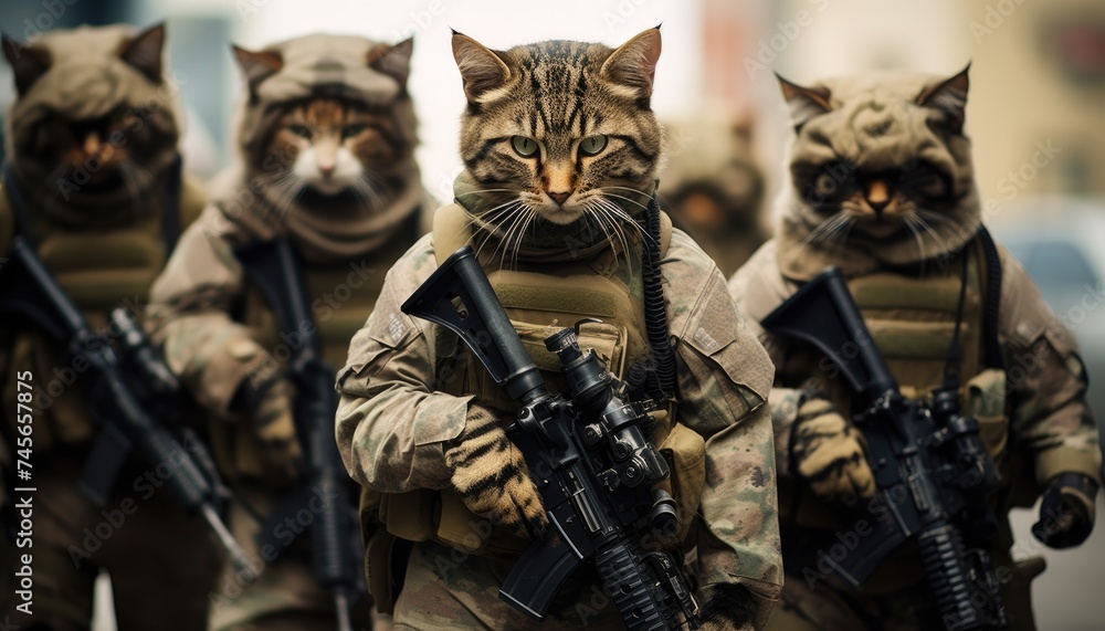 Special forces cat wearing military dress with full tactical - obrazy, fototapety, plakaty 