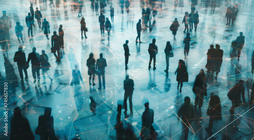 Group  people and crowd connected to wifi internet  big data and smart city. Silhouette  businesspeople and public network lines for communication  futuristic connection and marketing strategy