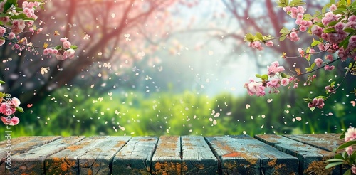 Spring Garden Serenity - Blossoms on Wooden Table with Defocused Bokeh Lights and Flare. Made with Generative AI Technology