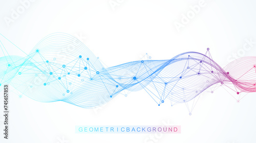 Abstract tech network connection dots. Digital technology and big data analysis background. Blue background with plexus lines. Geometric background with abstract mesh