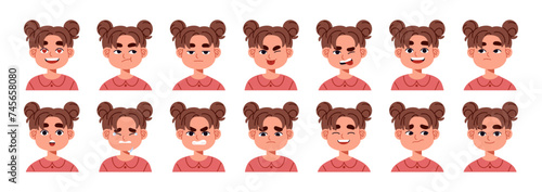 Little girl different emotions set. Kid avatars with various facial expressions, gestures: sad, happy, surprised, shy. Child smile, cry face. Flat isolated vector illustration no white background