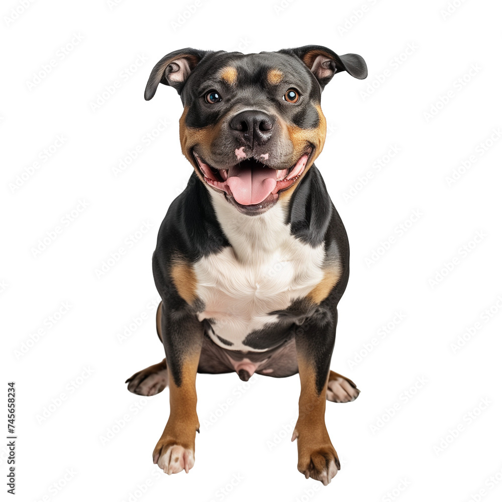 Pet, Pitbull dog, sits in full face, looks into the camera lens. PNG