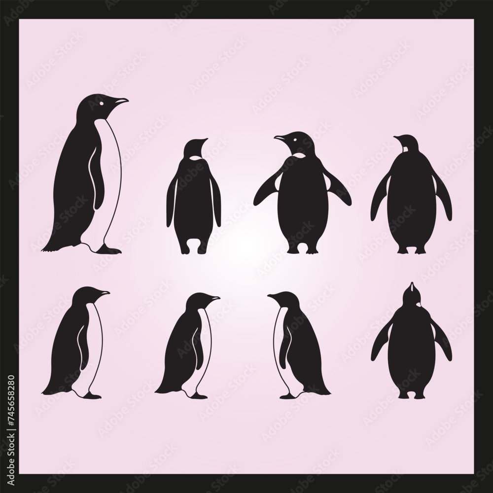 Fototapeta premium Penguin silhouette set Clipart on a hex color background