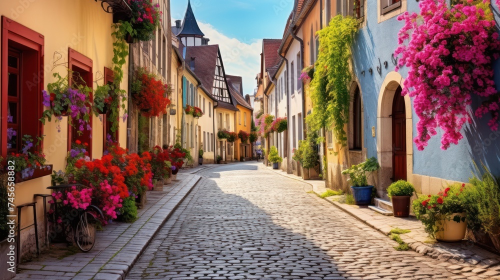 Colorful buildings and flowers on European street